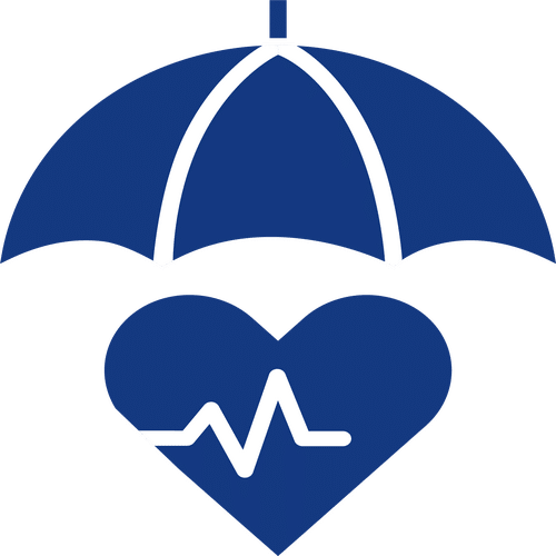 A blue icon of an umbrella providing cover to a heart with heart rate graph - representation of HCi basic extras cover